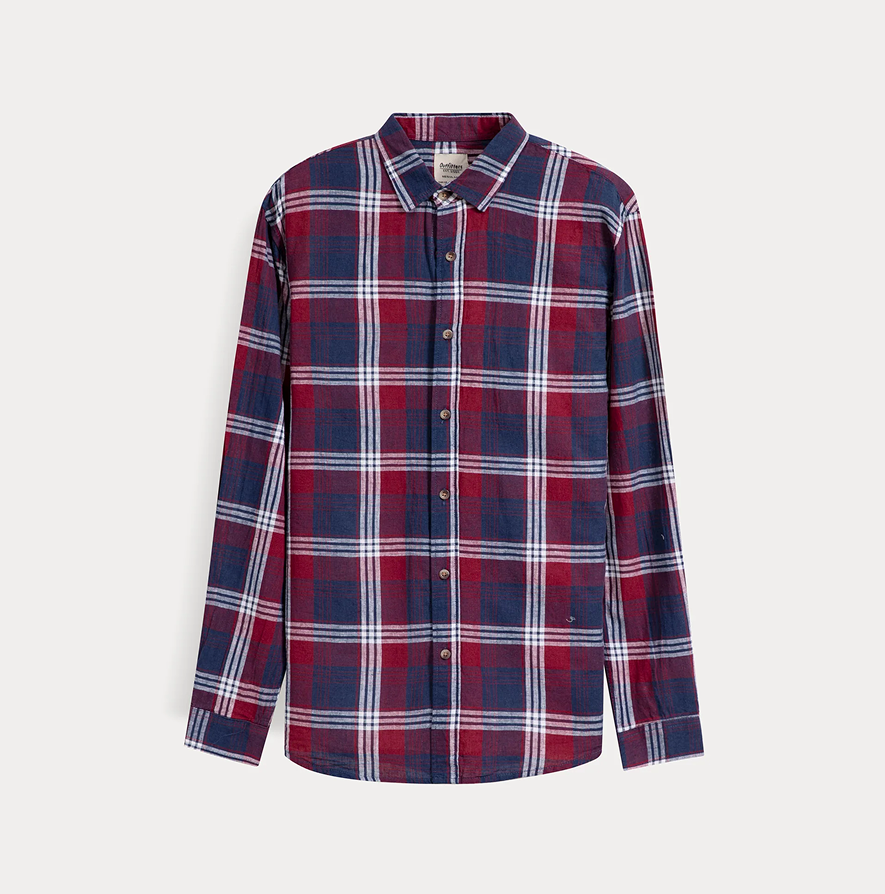 Клетчатая рубашка в красно-синих тонах с длинным рукавом
