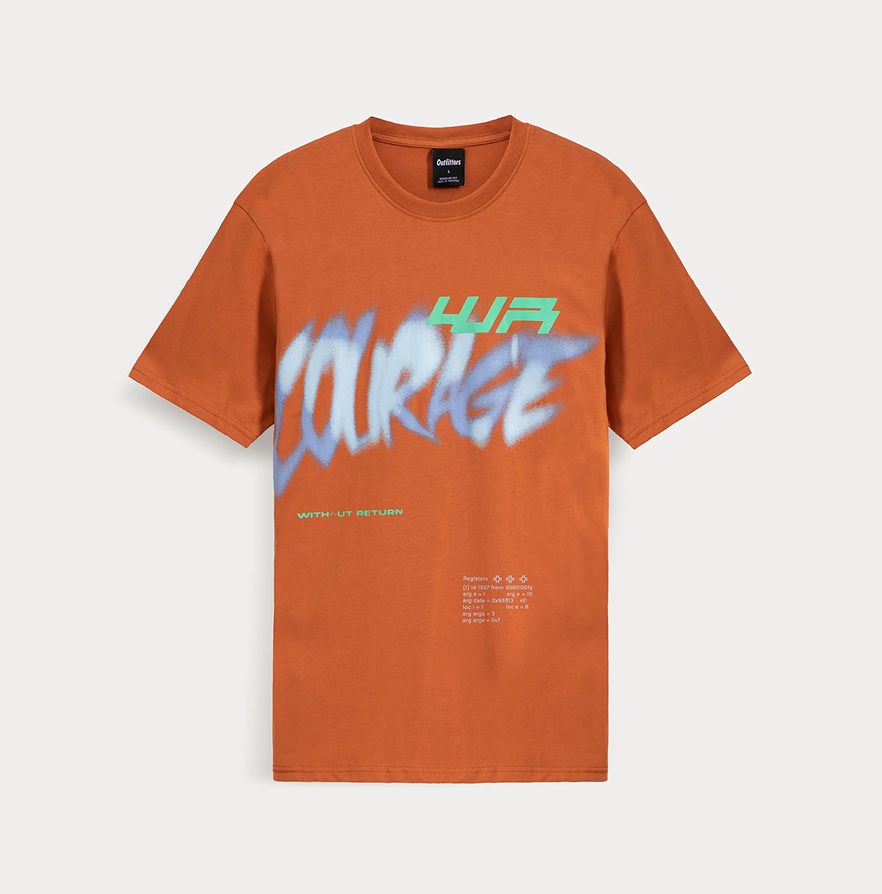Оранжевая футболка с коротким рукавом и крупным графическим принтом спереди